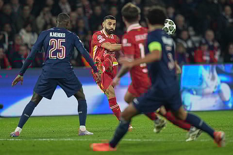 UCL round of 16 first leg, PSG vs LFC: Liverpool's Mohamed Salah kicks the ball