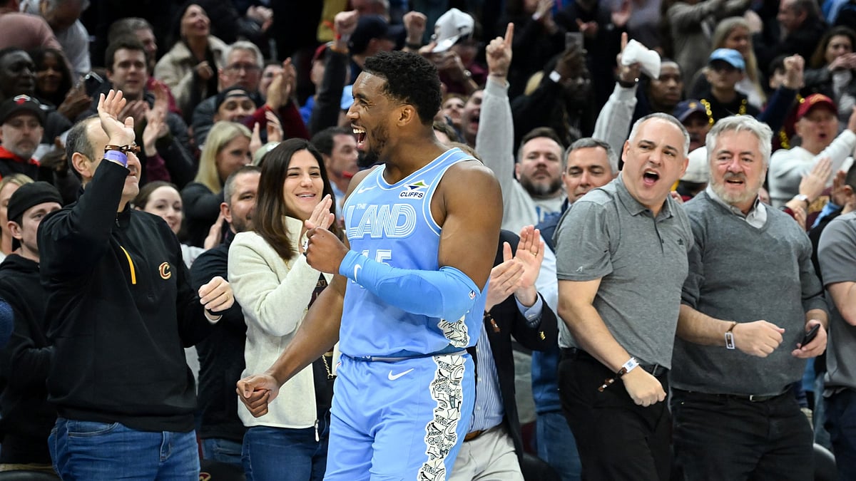 Donovan Mitchell of the Cleveland Cavaliers celebrates the team's 112-107 win over the Miami Heat at Rocket Arena on March 05, 2025 in Cleveland, Ohio. - null