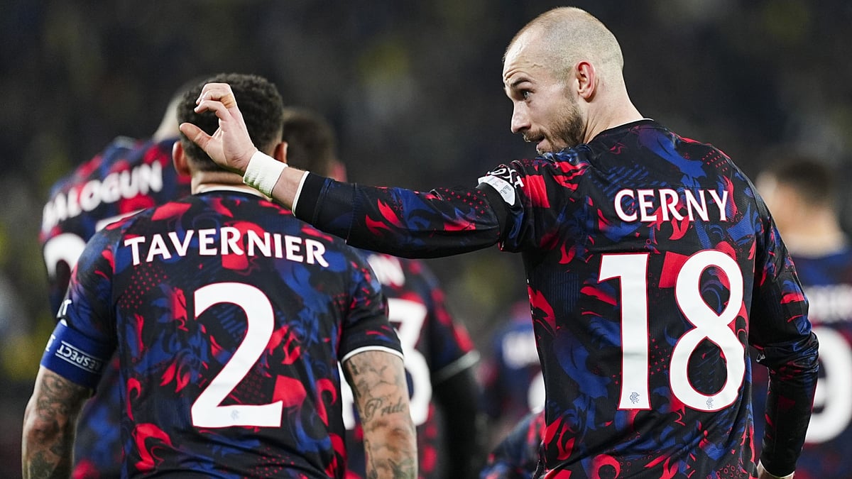 Vaclav Cerny of Rangers celebrates with his team-mates.