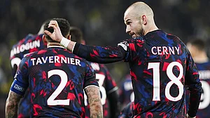 Vaclav Cerny of Rangers celebrates with his team-mates.