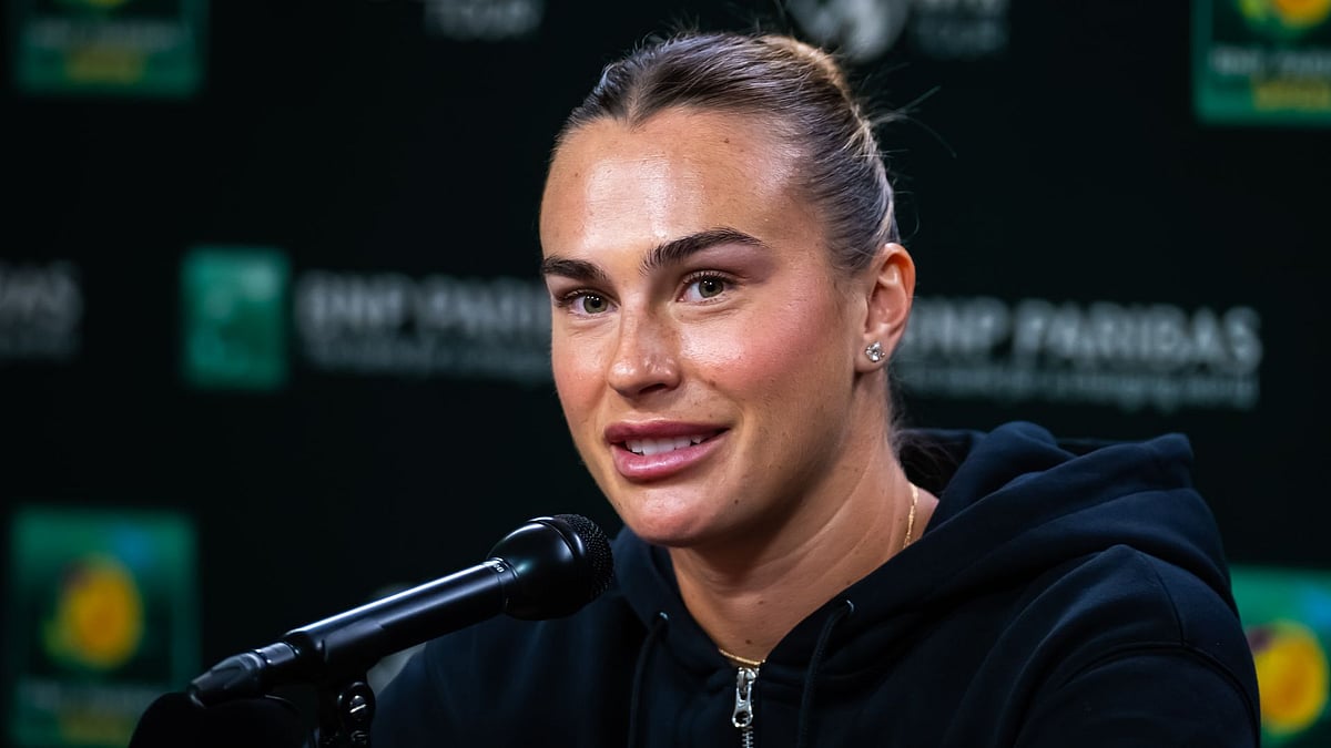 Sabalenka addresses the media.