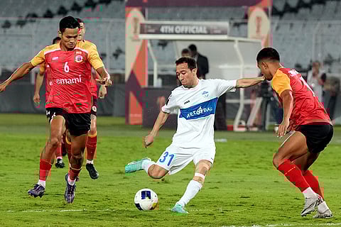 2024–25 AFC Challenge League, East Bengal vs Arkadag: FC Arkadag's Gurbanov Yazgylych takes a shot to score a goal 