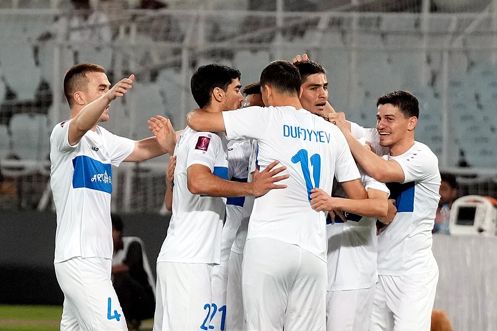 | Photo: PTI/Swapan Mahapatra : 2024–25 AFC Challenge League, East Bengal vs Arkadag: FC Arkadag's players celebrate after scoring a goal