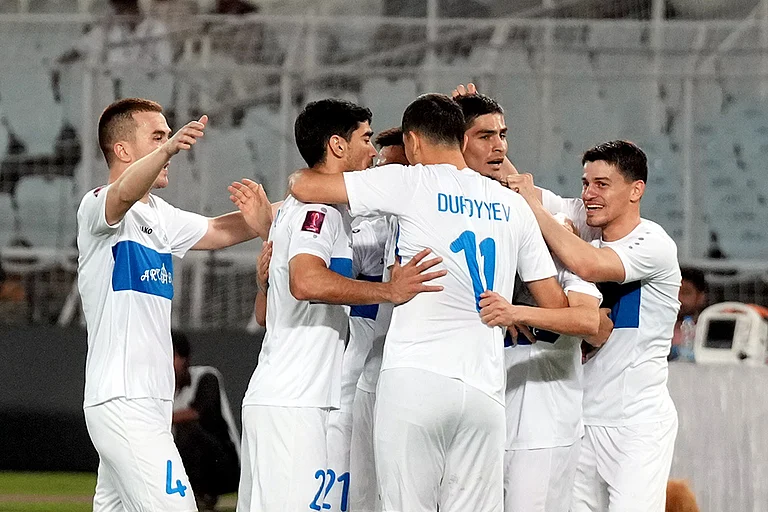 2024–25 AFC Challenge League, East Bengal vs Arkadag: FC Arkadag's players celebrate after scoring a goal - | Photo: PTI/Swapan Mahapatra