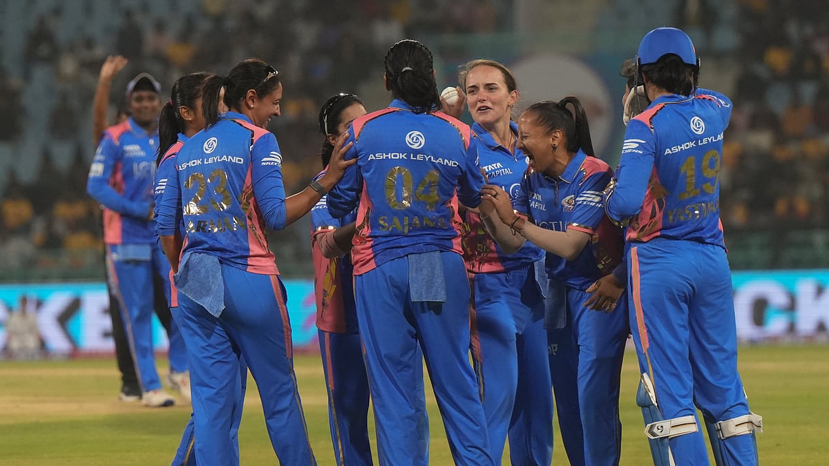  (PTI Photo/Nand Kumar) : Lucknow: Mumbai Indians players celebrate a wicket during the Women's Premier League (WPL) 2025 cricket match between UP Warriorz and Mumbai Indians, at Ekana Cricket Stadium, in Lucknow, Thursday, March 6, 2025.

