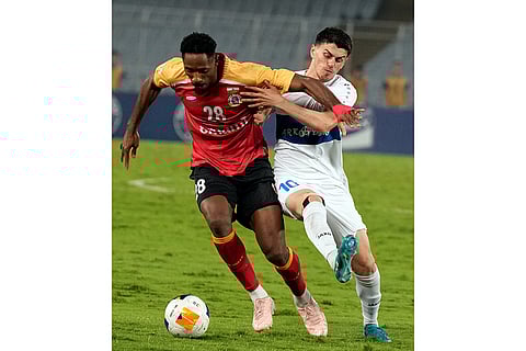 2024–25 AFC Challenge League, East Bengal vs Arkadag: Messi B of East Bengal and Resul Hojayev of FC Arkadagvie for the ball