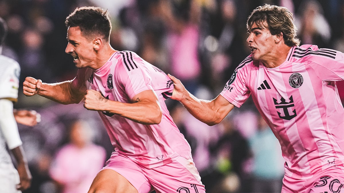 X/InterMiamiCF : Tadeo Allende (left) celebrates after scoring for Inter Miami against Cavalier CF.