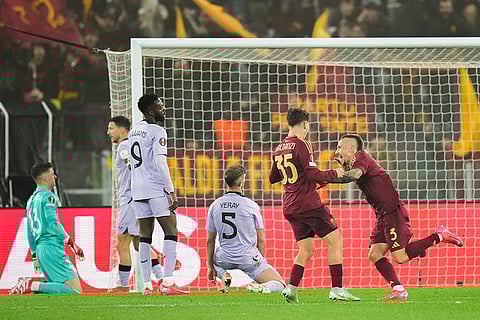 Europa League, AS Roma and Athletic Bilbao: Roma's Angelino, right, scores a goal