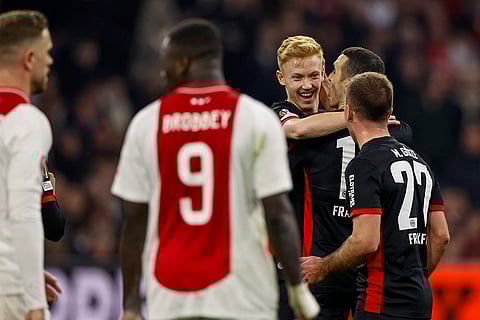 Europa League, Ajax vs Eintracht Frankfurt: Eintracht Frankfurt's Hugo Larsson, third right, celebrates after scoring a goal