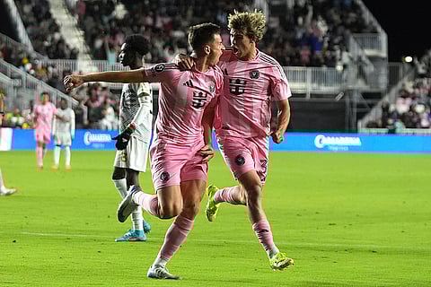 CONCACAF Champions Cup: Inter Miami forward Tadeo Allende, left, celebrates after scoring a goal