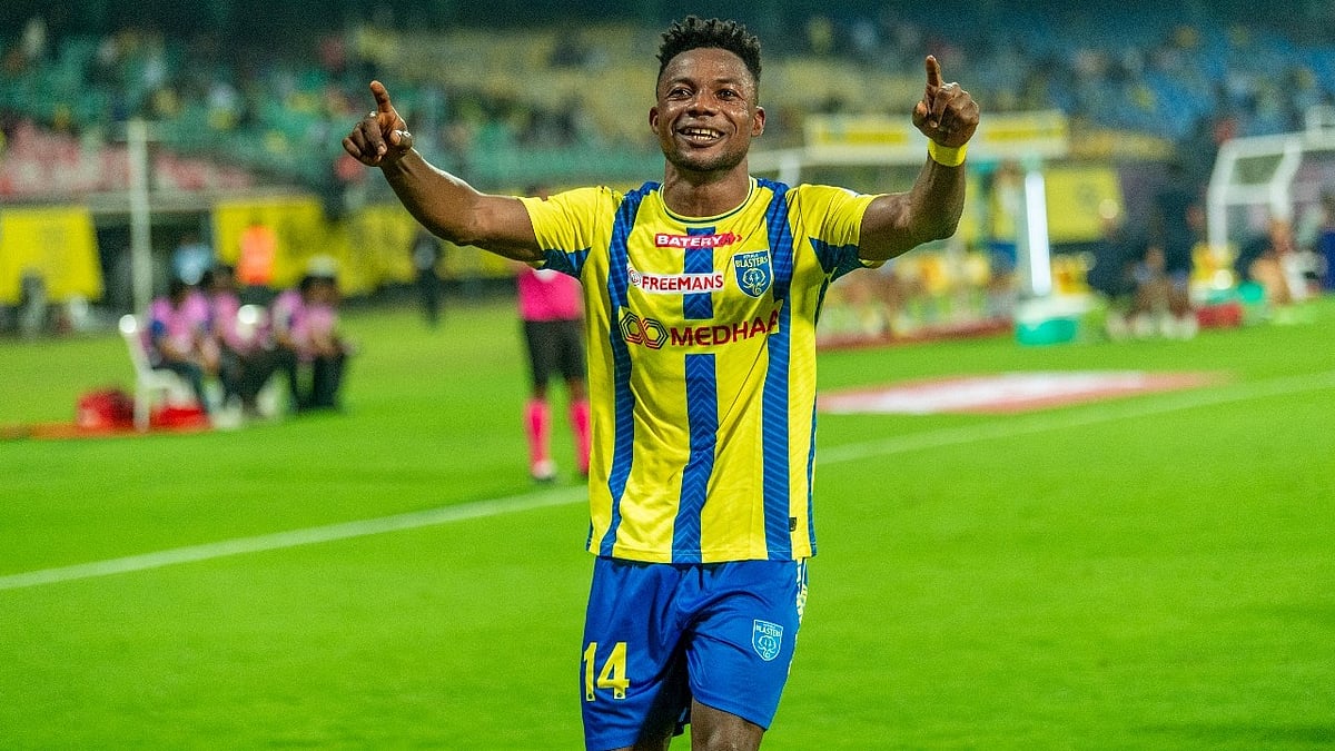 Photo: FSDL/ISL : Kwame Peprah celebrates after scoring for Kerala Blasters against Mumbai City FC.