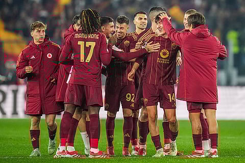 Europa League, AS Roma and Athletic Bilbao: Roma's Eldor Shomurodov is congratulated after scoring his side second goal