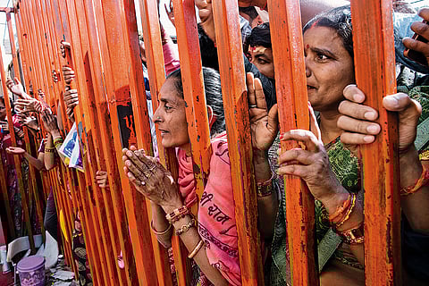 Blind Faith: Devotees outside the ‘darbar’ venue at Gadha village in Madhya Pradesh