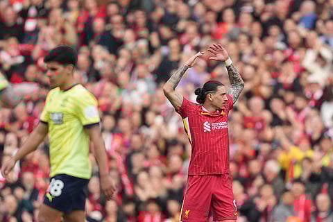 EPL 2024-25, Liverpool vs Southampton: Liverpool's Darwin Nunez celebrates after scoring his side's opening goal