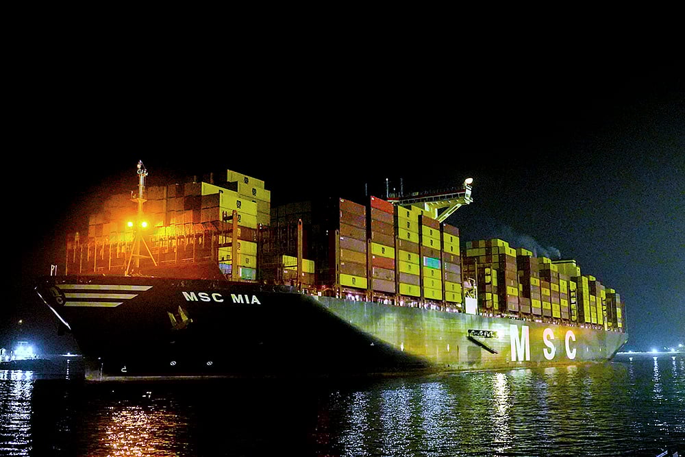 | Photo: PTI : Container ship MSC MIA in Thiruvananthapuram