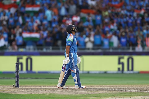 CT 2025, IND vs NZ final: India's captain Rohit Sharma reacts after scoring fifty runs