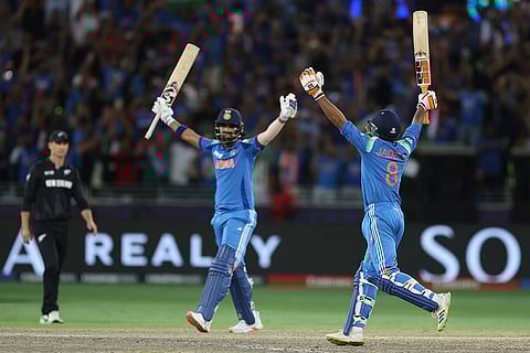 CT 2025, IND vs NZ final: India's Ravindra Jadeja, right, and batting partner KL Rahul celebrate their win