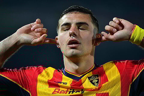 Serie A, US Lecce vsAC Milan: Lecce's Nikola Krstovic celebrates scoring their side's first goal
