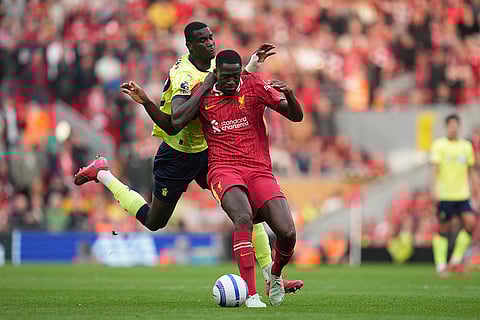 EPL 2024-25, Liverpool vs Southampton: Liverpool's Ibrahima Konate challenges for the ball with Southampton's Paul Onuachu