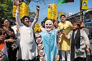 Photo: AP : Anti-imperialist Stance: Congress Party workers in Kolkata reacting to the allegation that USAID, an American agency, allotted $21 million to fund ‘voter turnout’ in India. It turned out that the fund was likely approved for Bangladesh, not India