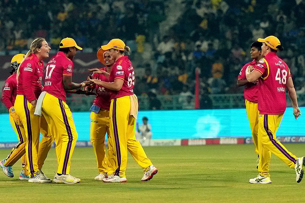 | Photo: PTI/Nand Kumar : WPL 2025,UPW vs RCBW: UP Warriorz Women players celebrate a wicket 