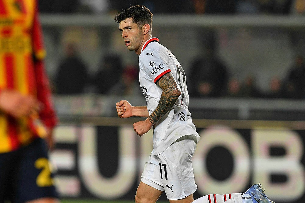| Photo: Giovanni Evangelista/LaPresse via AP : Serie A, US Lecce vsAC Milan: AC Milan's Christian Pulisic celebrates after scoring goal 