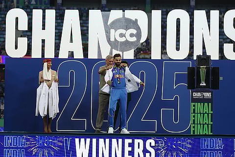 CT 2025, IND vs NZ final: India's Virat Kohli receives the white coat from BCCI President Roger Binny