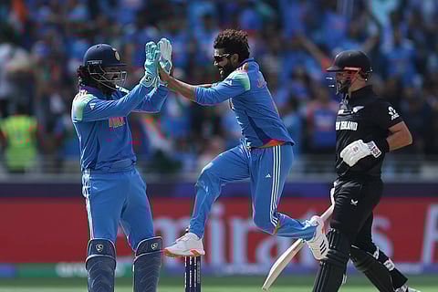 CT 2025, IND vs NZ final: India's Ravindra Jadeja celebrates after the dismissal of New Zealand's Tom Latham