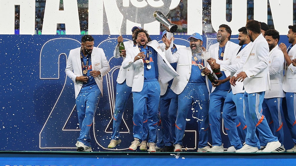 AP : India celebrate with the winners trophy on the podium after defeating New Zealand in the Champions Trophy 2025 final. 