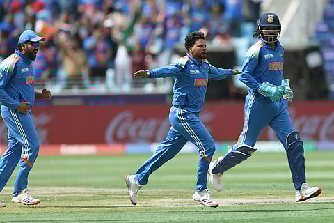 CT 2025, IND vs NZ final: India's Kuldeep Yadav celebrates the dismissal of New Zealand's Rachin Ravindra