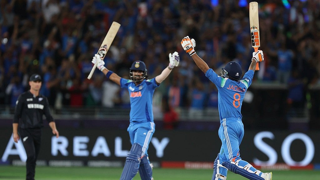 AP : Ravindra Jadeja, right, and KL Rahul celebrate India's win in the ICC Champions Trophy 2025 final against New Zealand.