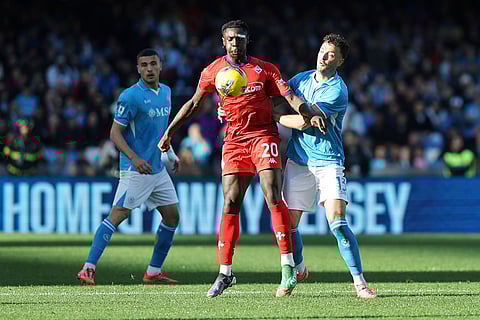 Serie A, Napoli and Fiorentina: Fiorentina's Moise Kean and Napoli's Amir Rrahmani in action