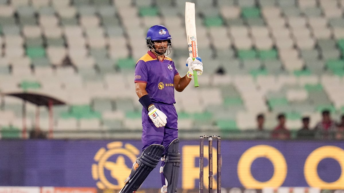Special Arrangement : Sri Lanka Masters skipper Kumar Sangakkara bats against England Masters in Raipur.