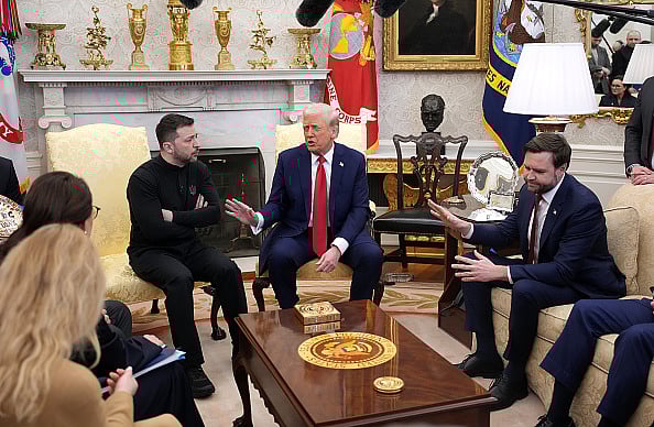 U.S. President Donald Trump (C) and Vice President JD Vance meet with Ukrainian President Volodymyr Zelensky in the Oval Office at the White House on February 28, 2025 in Washington, DC | - AP