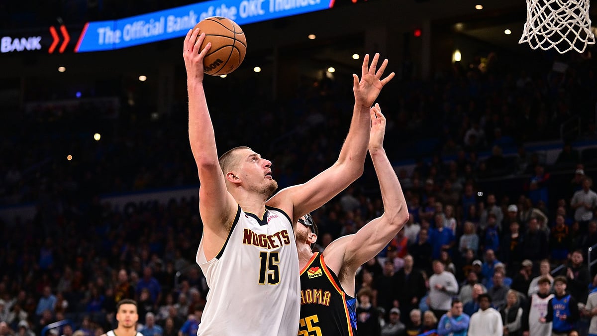 Nikola Jokic #15 of the Denver Nuggets attempts a shot during the second half against the Oklahoma City Thunder at Paycom Center on March 9, 2025 in Oklahoma City, Oklahoma.