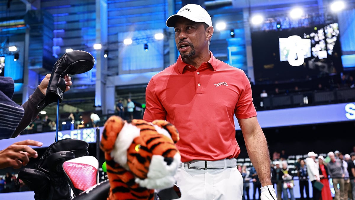Tiger Woods of Jupiter Links Golf Club warms up before their TGL presented by SoFi match against the Atlanta Drive GC at SoFi Center on March 04, 2025 in Palm Beach Gardens, Florida.