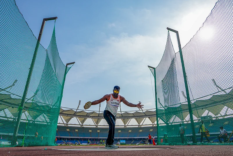 Para athlete Janak Singh Harsana competes in the mens discus throw F11