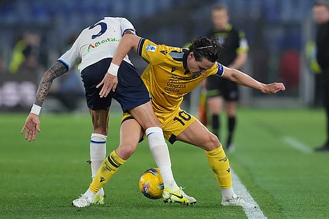 Serie A 2024-25, Lazio vs Udinese: Matias Vecino, left, and Florian Thauvin challenge for the ball