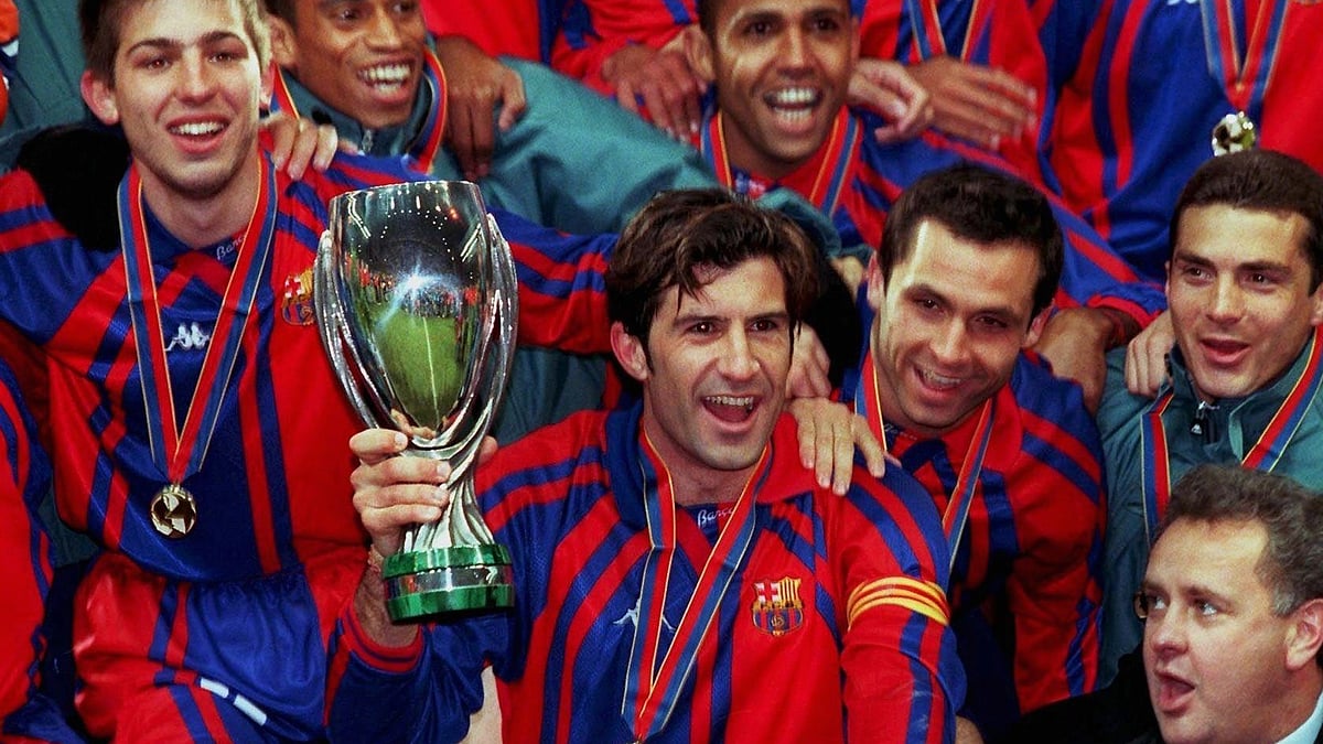Photo: X | Barcelona : Former Barcelona footballer Luis Figo with the trophy.