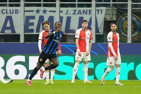 UCL 2024-25, Inter Milan Vs Feyenoord: Inter Milan's Marcus Thuram celebrates after scoring his side's opening goal