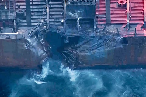 Britain Ships Collide: View of damaged fuel tanker MV Stena Immaculate