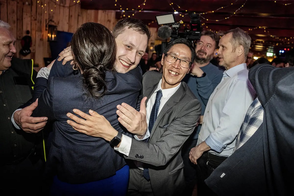 AP : Centre-right Demokartit Party  Jens-Frederik Nielsen celebrates poll victory in Greenland