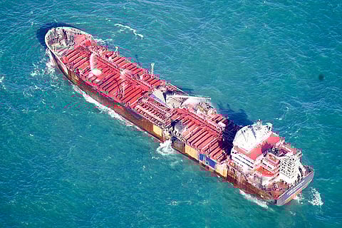 Britain Ships Collide: A view of the MV Stena Immaculate oil tanker