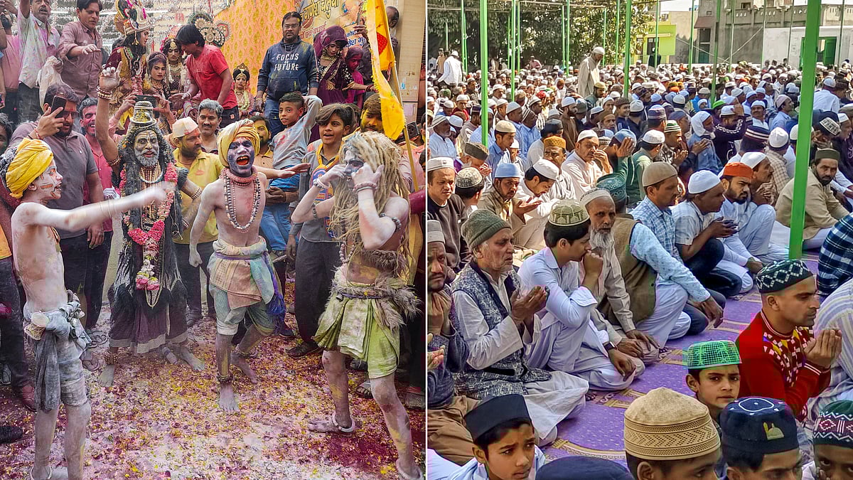 PTI : Holi celebrations in Sambhal on March 10, 2024(L); Namaz offerings at Sambhal's Shahi Jama Masjid on March 7, 2025(R)