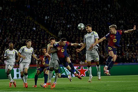 UCL 2024-25, FCB Vs Benfica: Barcelona's Robert Lewandowski heads the ball 