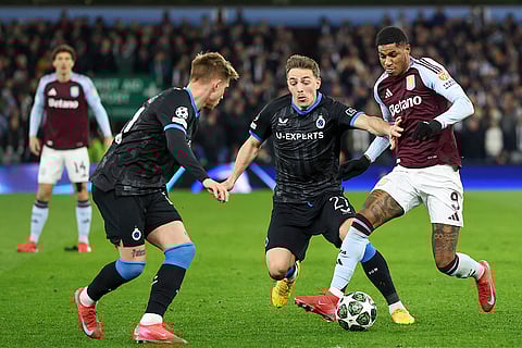 UCL 2024-25, Aston Villa vs Club Brugge: Aston Villa's Marcus Rashford duels for the ball with Brugge's Casper Nielsen