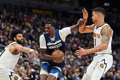 NBA 2024-25, Timberwolves vs Nuggets: Timberwolves center Naz Reid drives to the basket