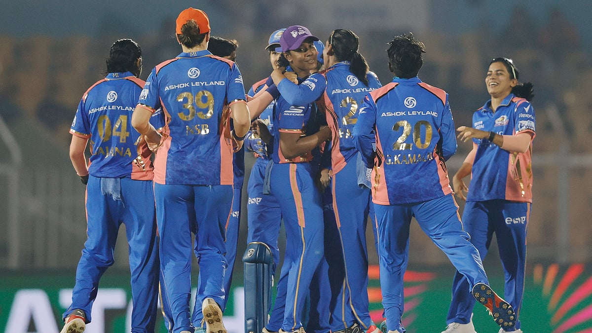 Photo: X/Women's Premier League : Mumbai Indians celebrate a Gujarat Giants wicket in the powerplay. 