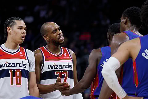 NBA 2024-25, Wizards vs Pistons: Wizards forward Khris Middleton has his say with Pistons forward Tim Hardaway Jr.
