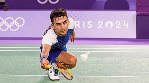 PTI : File photo of Indian shuttler Lakshya Sen in action at the Paris Olympic Games 2024.